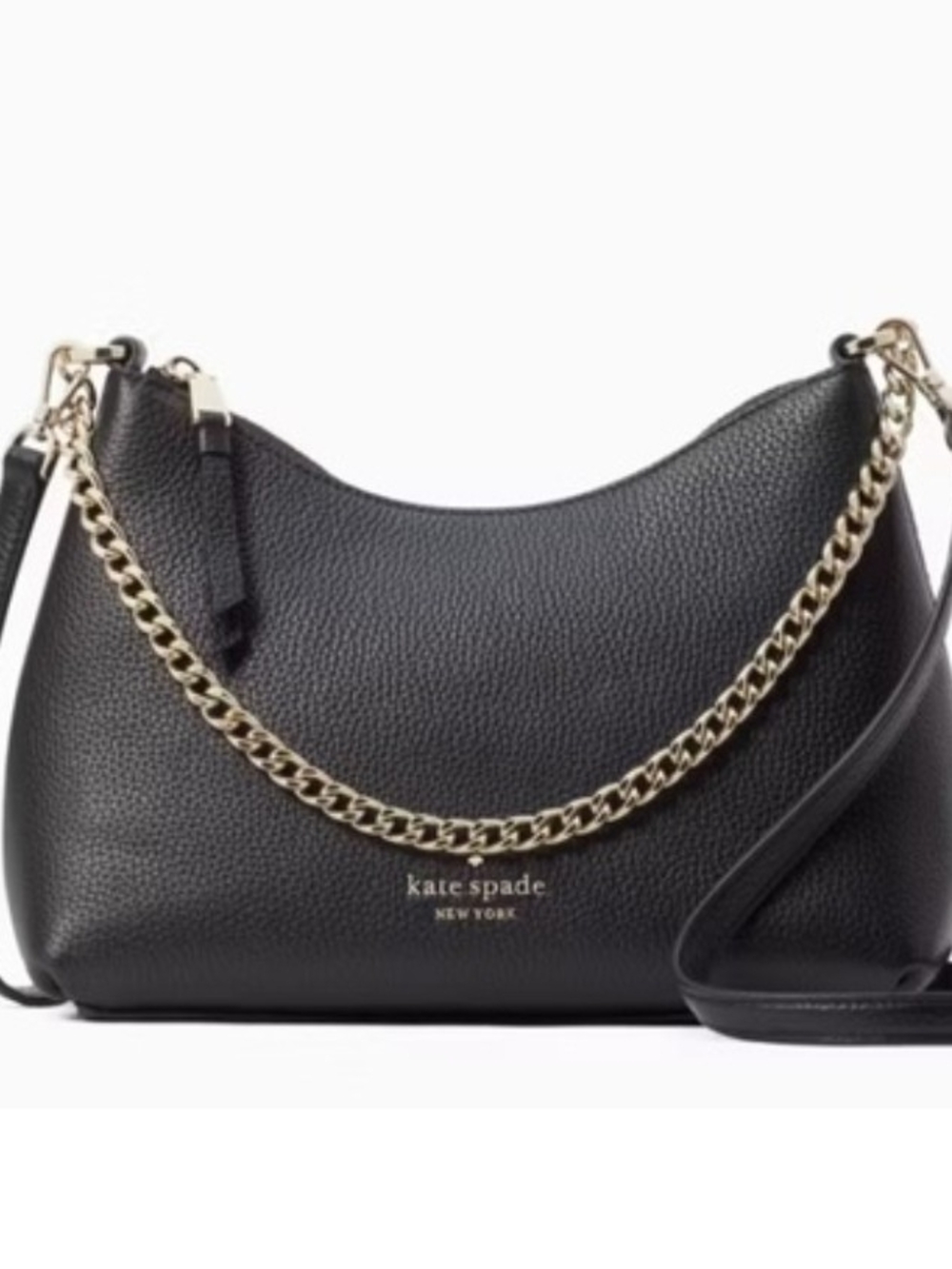 kate spade Zippy Black Pebbled Leather Shoulder Bag with Gold Chain Accent